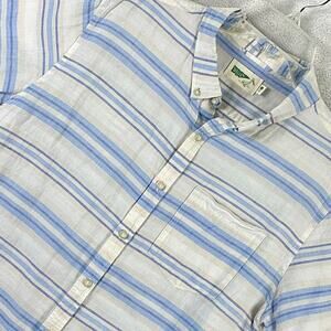 Wellen Camp Shirt Men L Blue Beige White Striped Linen Preppy Beach Huckberry